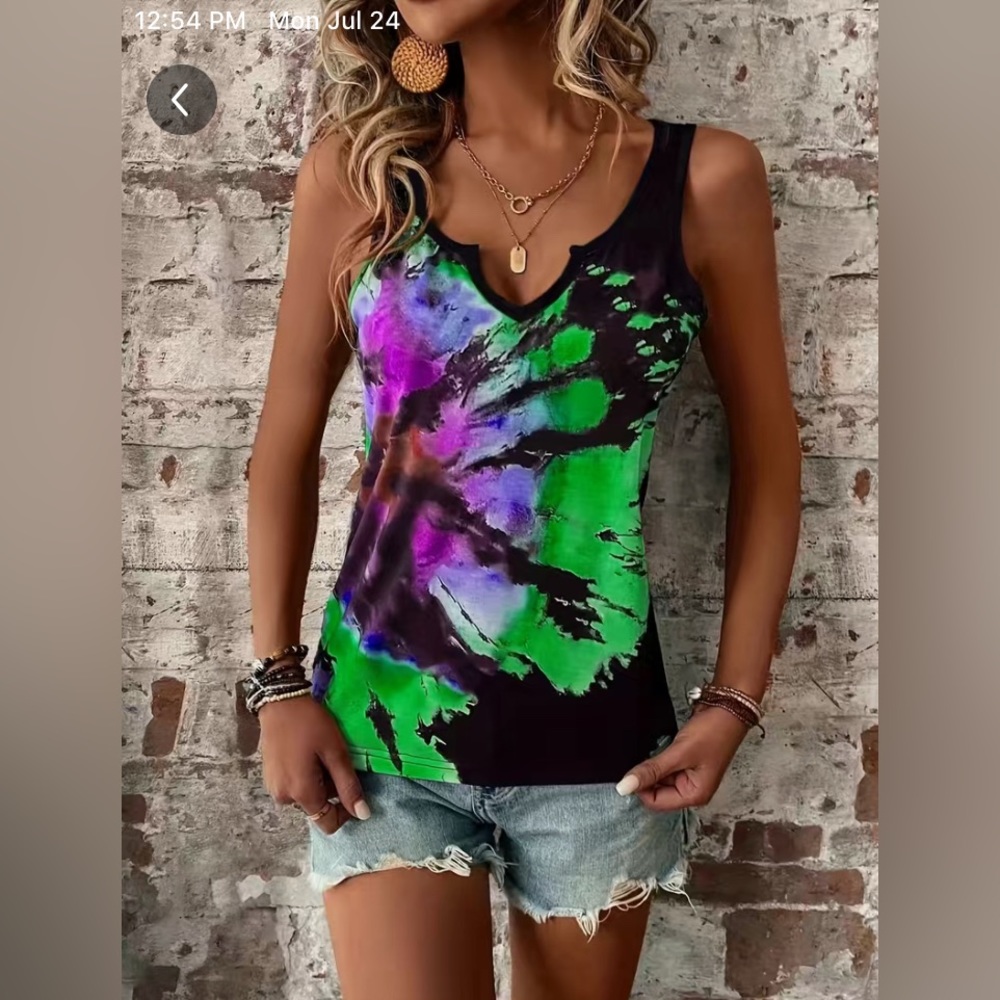 Purple Mixed Tie Dye Notched Neck Tank Top